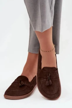 Skórzane Zamszowe Mokasyny Typu Barefoot 322 Czekoladowe Damskie Mokasyny Damskie Zamszowe|Barefoot