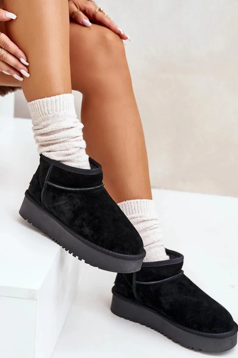 Sale Boto Skórzane Zamszowe Śniegowce Na Platformie Czarne Nereviana Czarny