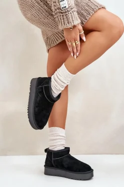 Sale Boto Skórzane Zamszowe Śniegowce Na Platformie Czarne Nereviana Czarny