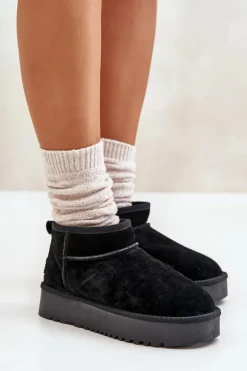 Sale Boto Skórzane Zamszowe Śniegowce Na Platformie Czarne Nereviana Czarny