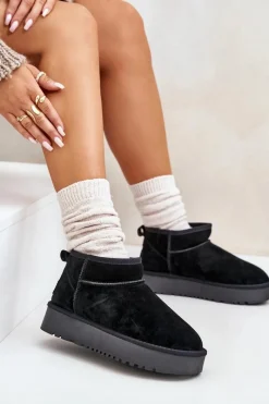 Sale Boto Skórzane Zamszowe Śniegowce Na Platformie Czarne Nereviana Czarny