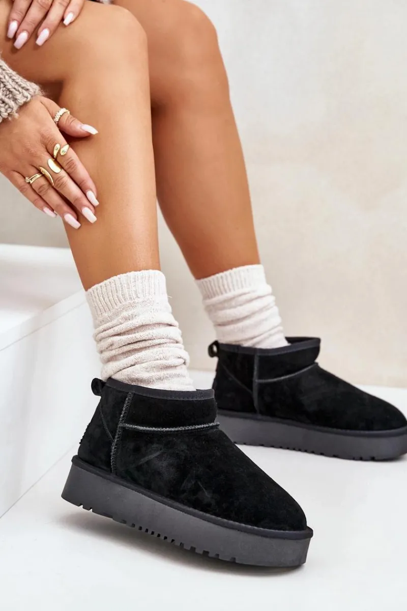 Sale Boto Skórzane Zamszowe Śniegowce Na Platformie Czarne Nereviana Czarny