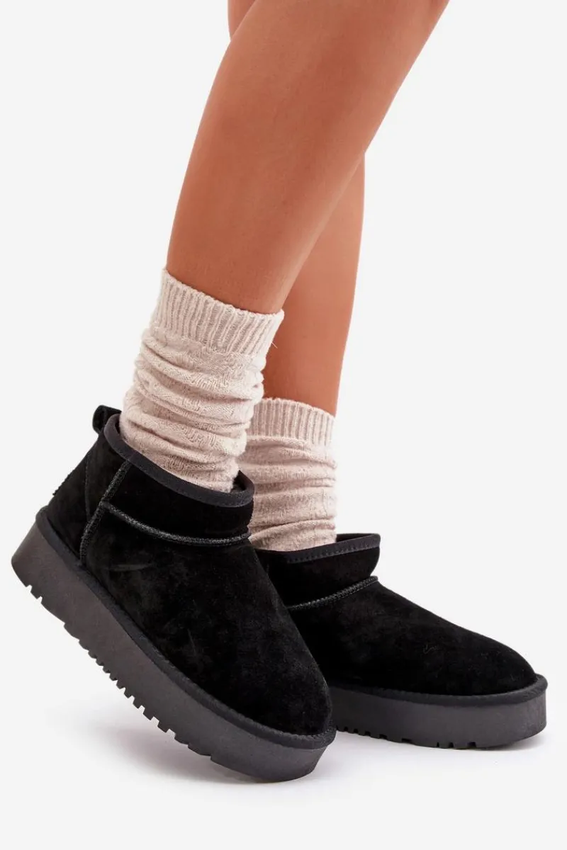 Sale Boto Skórzane Zamszowe Śniegowce Na Platformie Czarne Nereviana Czarny