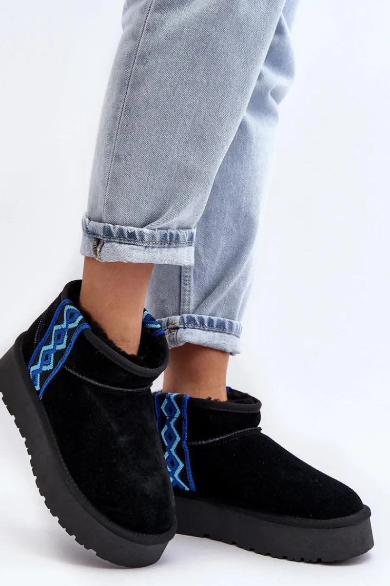 Discount Boto Skórzane Zamszowe Śniegowce Damskie Na Grubej Podeszwie Czarne Vebissat