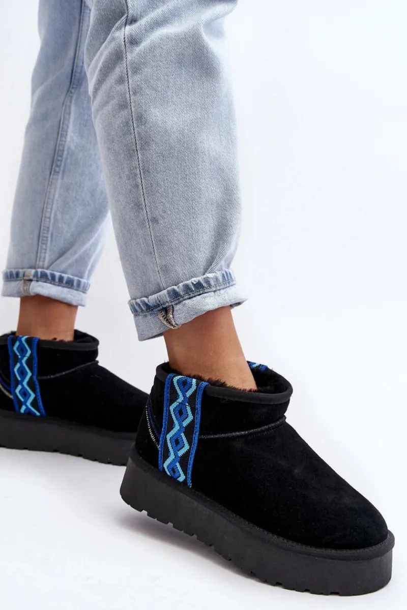 Discount Boto Skórzane Zamszowe Śniegowce Damskie Na Grubej Podeszwie Czarne Vebissat