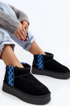 Discount Boto Skórzane Zamszowe Śniegowce Damskie Na Grubej Podeszwie Czarne Vebissat