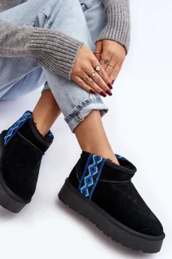 Discount Boto Skórzane Zamszowe Śniegowce Damskie Na Grubej Podeszwie Czarne Vebissat