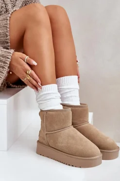 Outlet Skórzane Zamszowe Śniegowce Na Platformie Za Kostkę Beżowe Rianaella Damskie Śniegowce Damskie