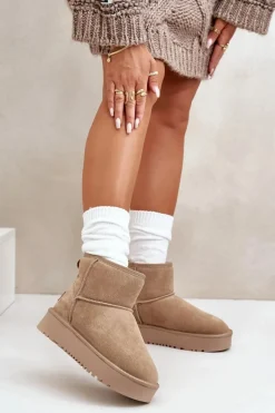 Outlet Skórzane Zamszowe Śniegowce Na Platformie Za Kostkę Beżowe Rianaella Damskie Śniegowce Damskie