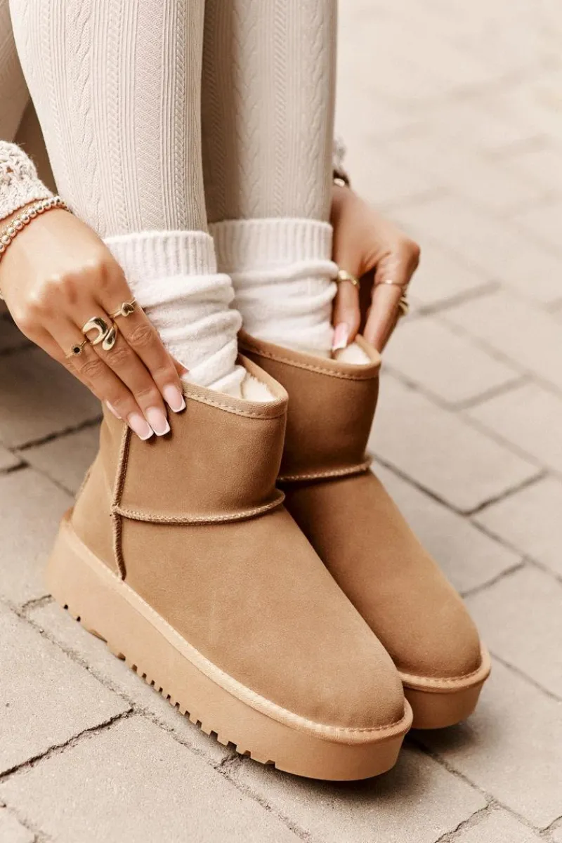 Clearance Skórzane Zamszowe Śniegowce Na Platformie Za Kostkę Camel Rianaella Damskie Śniegowce Damskie