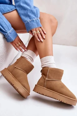 Clearance Skórzane Zamszowe Śniegowce Na Platformie Za Kostkę Camel Rianaella Damskie Śniegowce Damskie