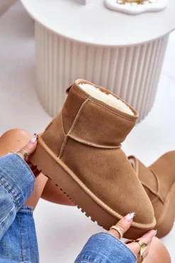 Clearance Skórzane Zamszowe Śniegowce Na Platformie Za Kostkę Camel Rianaella Damskie Śniegowce Damskie