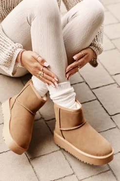 Clearance Skórzane Zamszowe Śniegowce Na Platformie Za Kostkę Camel Rianaella Damskie Śniegowce Damskie