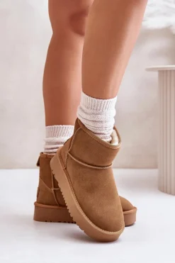 Clearance Skórzane Zamszowe Śniegowce Na Platformie Za Kostkę Camel Rianaella Damskie Śniegowce Damskie