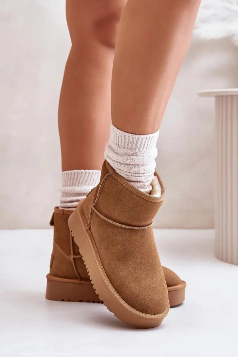 Clearance Skórzane Zamszowe Śniegowce Na Platformie Za Kostkę Camel Rianaella Damskie Śniegowce Damskie