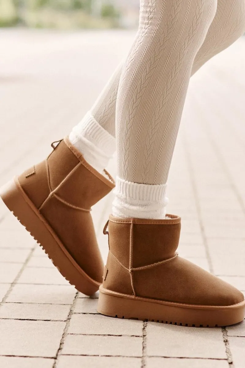 Clearance Skórzane Zamszowe Śniegowce Na Platformie Za Kostkę Camel Rianaella Damskie Śniegowce Damskie