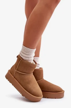 Clearance Skórzane Zamszowe Śniegowce Na Platformie Za Kostkę Camel Rianaella Damskie Śniegowce Damskie