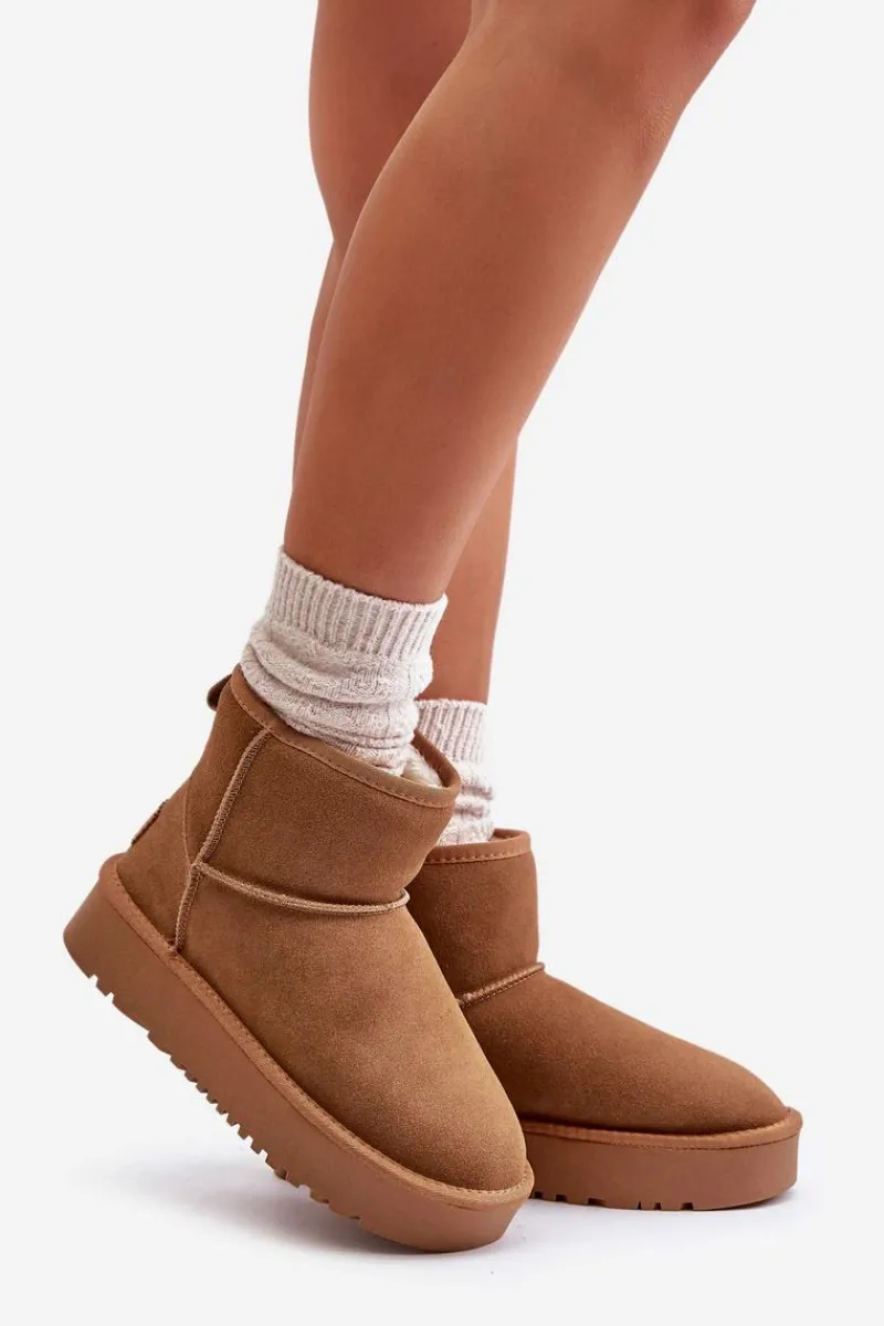 Clearance Skórzane Zamszowe Śniegowce Na Platformie Za Kostkę Camel Rianaella Damskie Śniegowce Damskie