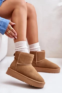 Clearance Skórzane Zamszowe Śniegowce Na Platformie Za Kostkę Camel Rianaella Damskie Śniegowce Damskie