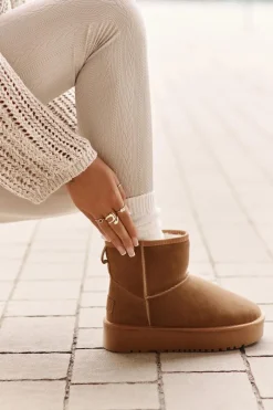 Clearance Skórzane Zamszowe Śniegowce Na Platformie Za Kostkę Camel Rianaella Damskie Śniegowce Damskie