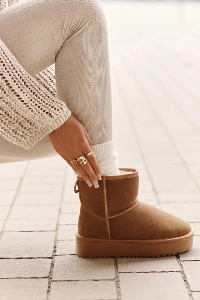 Clearance Skórzane Zamszowe Śniegowce Na Platformie Za Kostkę Camel Rianaella Damskie Śniegowce Damskie