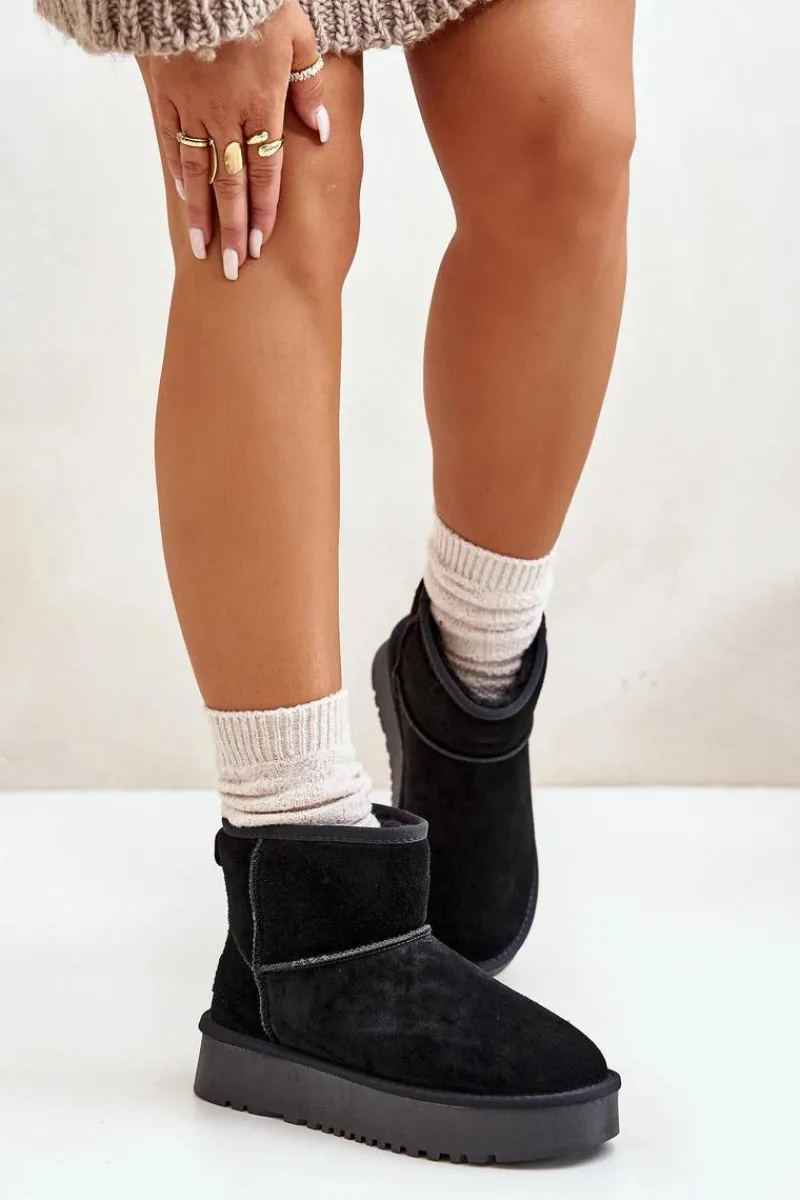 Śniegowce Damskie>Boto Skórzane Zamszowe Śniegowce Na Platformie Za Kostkę Czarne Rianaella Czarny