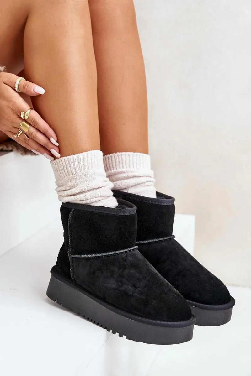 Śniegowce Damskie>Boto Skórzane Zamszowe Śniegowce Na Platformie Za Kostkę Czarne Rianaella Czarny