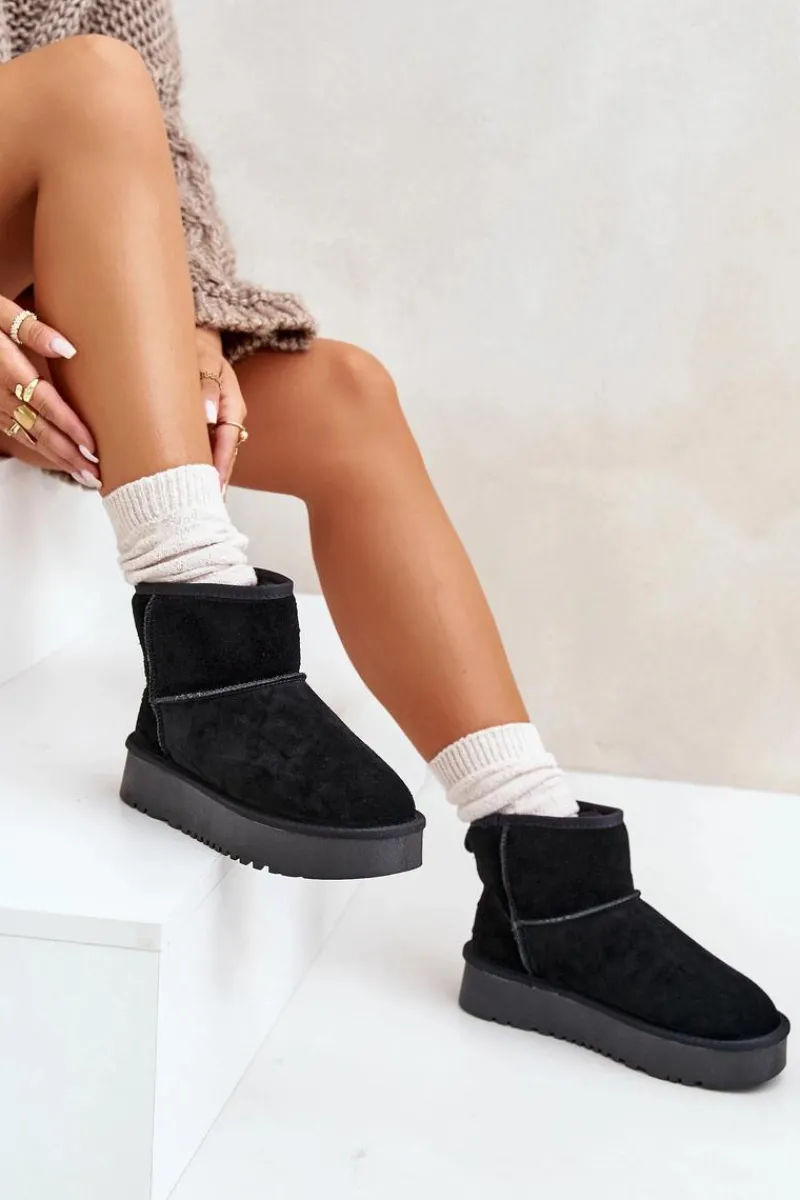 Śniegowce Damskie>Boto Skórzane Zamszowe Śniegowce Na Platformie Za Kostkę Czarne Rianaella Czarny