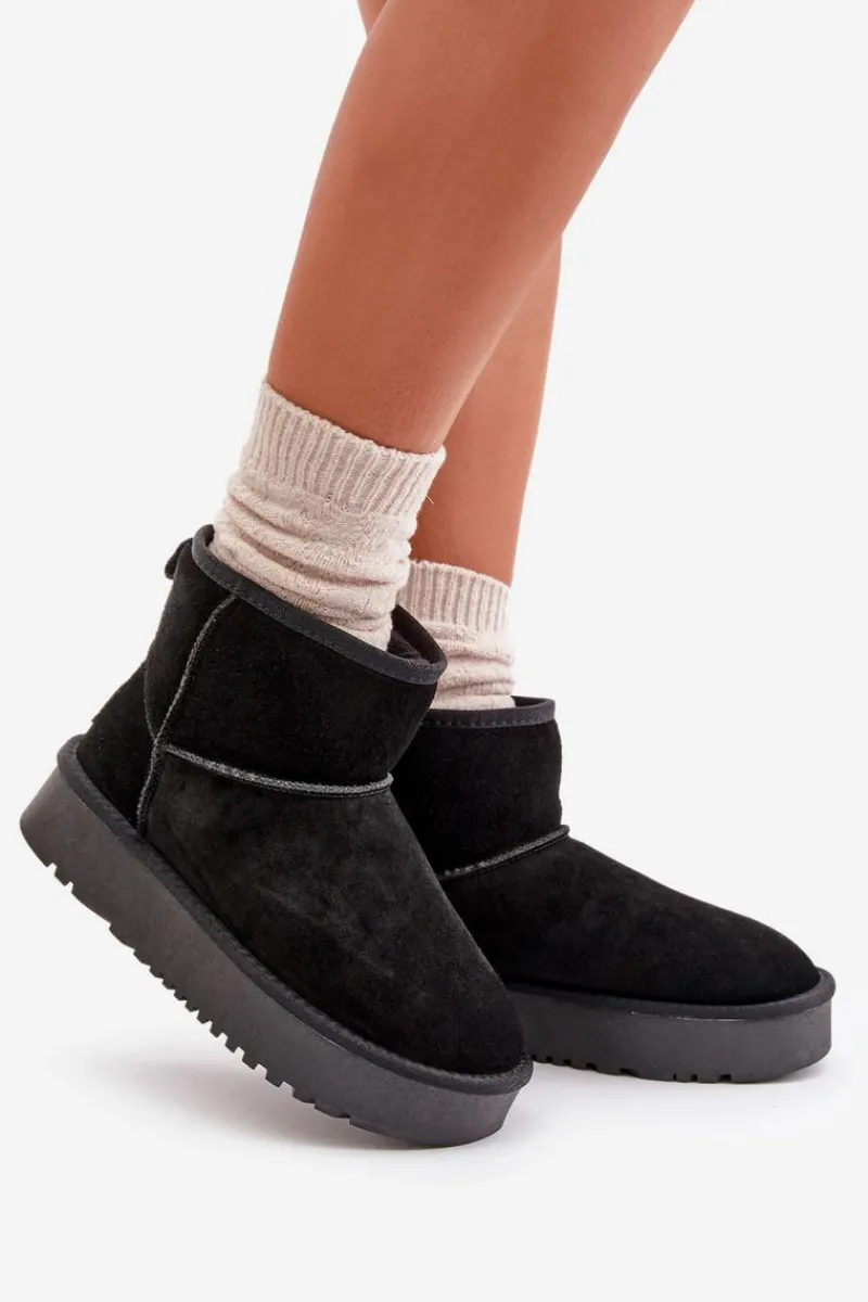 Śniegowce Damskie>Boto Skórzane Zamszowe Śniegowce Na Platformie Za Kostkę Czarne Rianaella Czarny