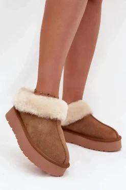 Outlet Skórzane Zamszowe Śniegowce Damskie Z Futerkiem Camel Mivelle Damskie Śniegowce Damskie