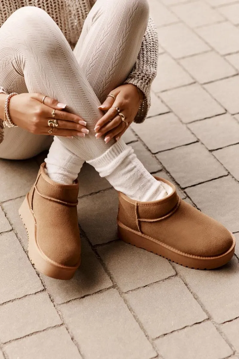 Clearance Skórzane Zamszowe Śniegowce Na Platformie Camel Nereviana Damskie Śniegowce Damskie