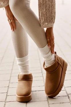 Clearance Skórzane Zamszowe Śniegowce Na Platformie Camel Nereviana Damskie Śniegowce Damskie