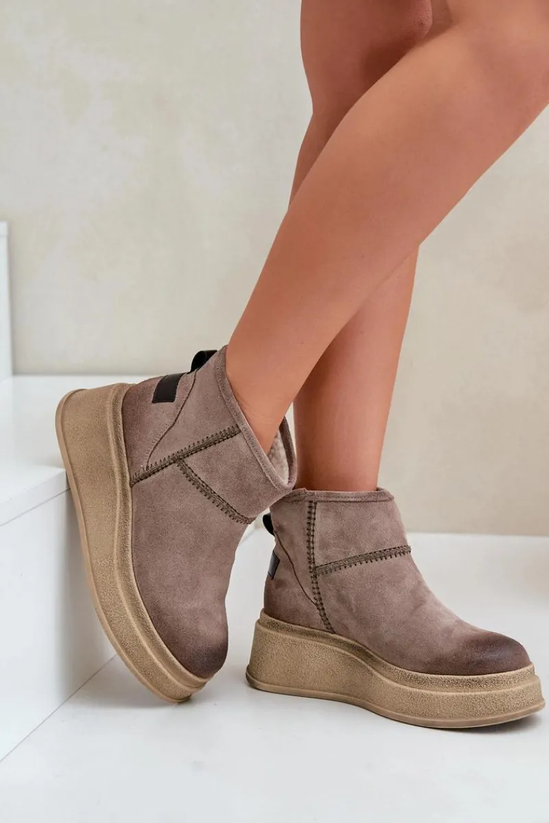 Śniegowce Damskie>Maciejka Skórzane Zamszowe Śniegowce Botki Na Platformie I Koturnie 06769-02 Ciemnobrązowe Brązowy