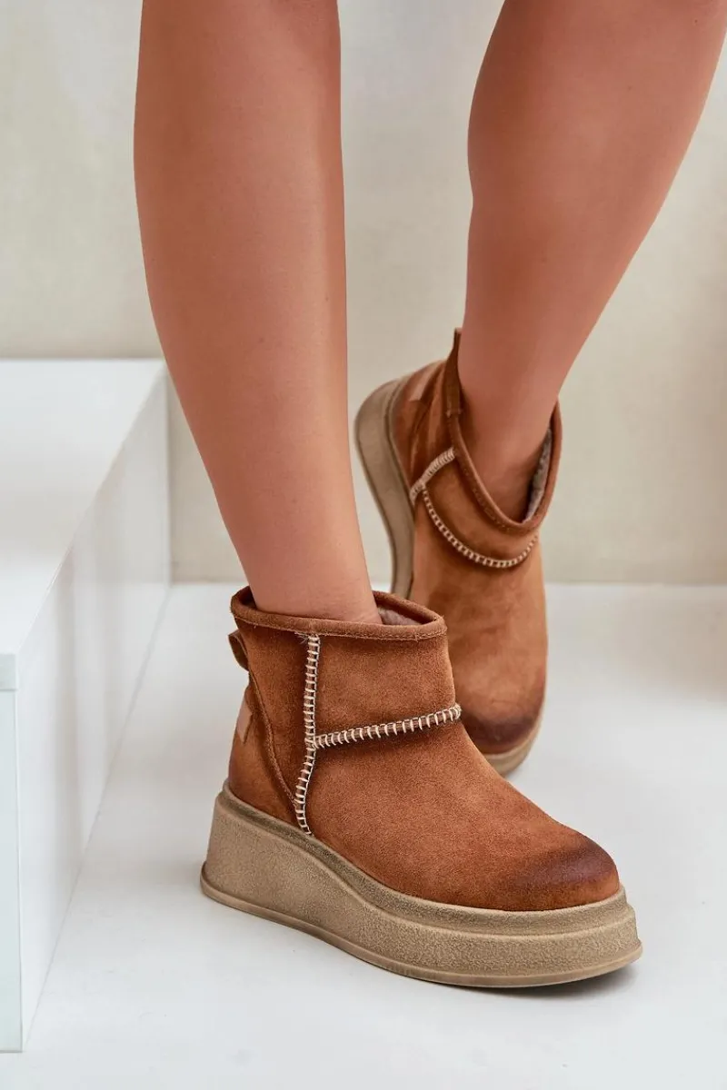 Outlet Skórzane Zamszowe Śniegowce Botki Na Platformie I Koturnie 06769-29 Brązowe Damskie Śniegowce Damskie