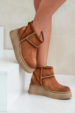 Outlet Skórzane Zamszowe Śniegowce Botki Na Platformie I Koturnie 06769-29 Brązowe Damskie Śniegowce Damskie