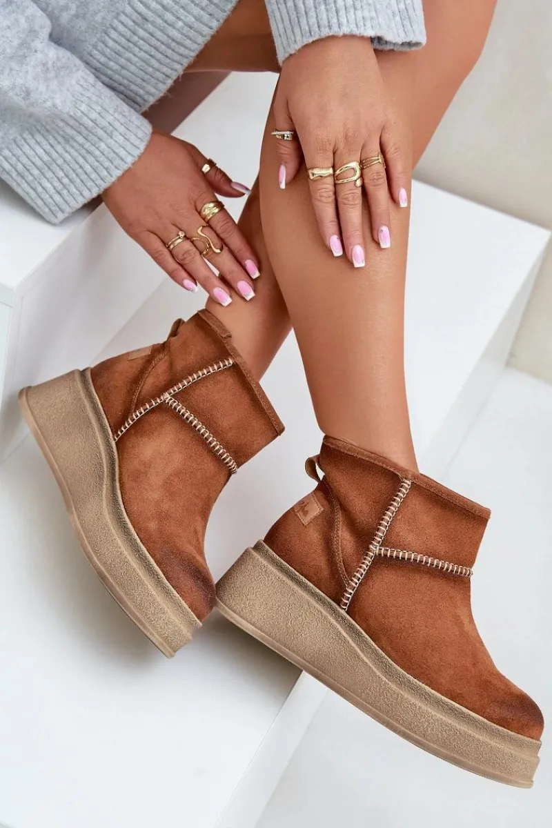 Outlet Skórzane Zamszowe Śniegowce Botki Na Platformie I Koturnie 06769-29 Brązowe Damskie Śniegowce Damskie