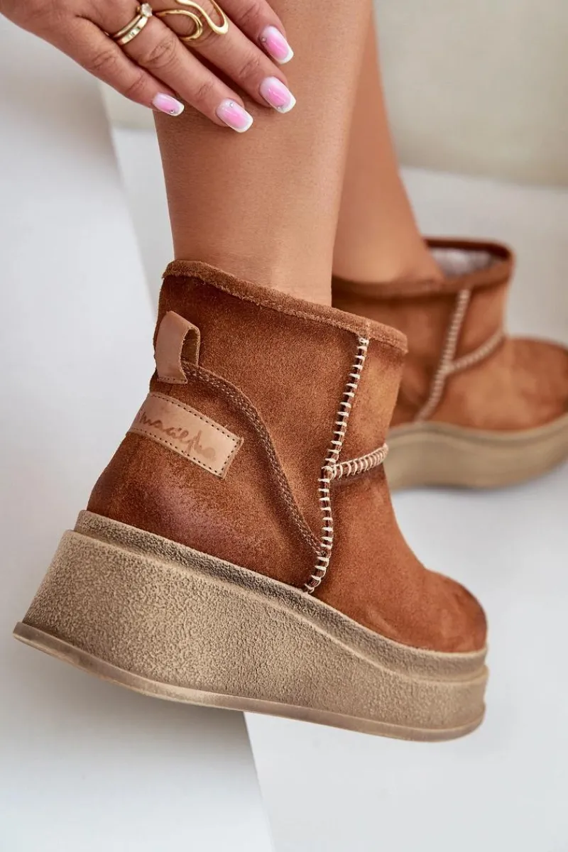 Outlet Skórzane Zamszowe Śniegowce Botki Na Platformie I Koturnie 06769-29 Brązowe Damskie Śniegowce Damskie