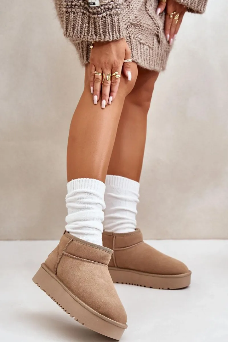 Śniegowce Damskie>Boto Skórzane Zamszowe Śniegowce Na Platformie Beżowe Nereviana Beżowy