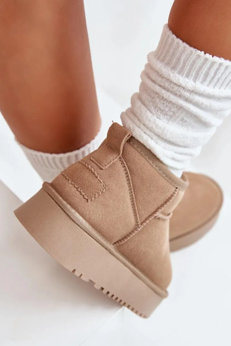 Śniegowce Damskie>Boto Skórzane Zamszowe Śniegowce Na Platformie Beżowe Nereviana Beżowy