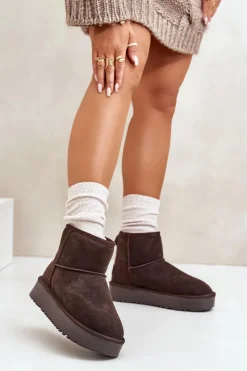 Boto Skórzane Zamszowe Śniegowce Na Platformie Za Kostkę Brązowe Rianaella Brązowy