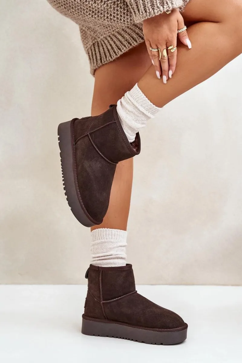 Boto Skórzane Zamszowe Śniegowce Na Platformie Za Kostkę Brązowe Rianaella Brązowy