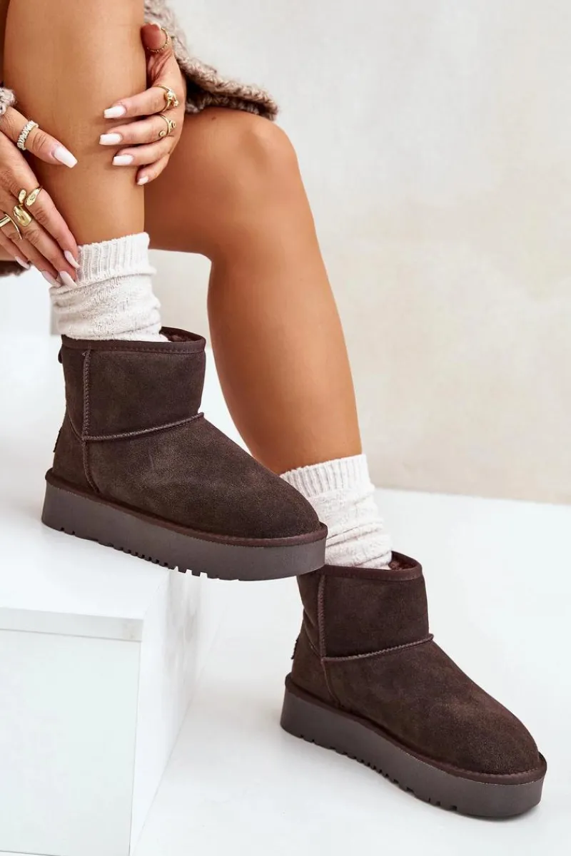 Boto Skórzane Zamszowe Śniegowce Na Platformie Za Kostkę Brązowe Rianaella Brązowy