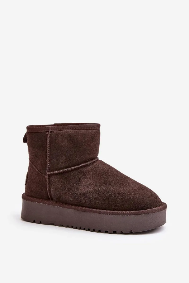 Boto Skórzane Zamszowe Śniegowce Na Platformie Za Kostkę Brązowe Rianaella Brązowy