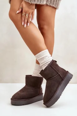 Boto Skórzane Zamszowe Śniegowce Na Platformie Za Kostkę Brązowe Rianaella Brązowy