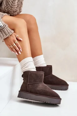 Boto Skórzane Zamszowe Śniegowce Na Platformie Za Kostkę Brązowe Rianaella Brązowy