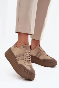 Clearance Zazoo Skórzane Zamszowe Sneakersy Damskie Na Platformie 3775 Beżowe Beżowy