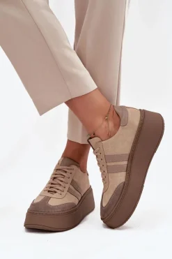 Clearance Zazoo Skórzane Zamszowe Sneakersy Damskie Na Platformie 3775 Beżowe Beżowy