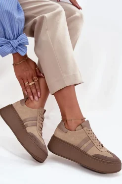 Clearance Zazoo Skórzane Zamszowe Sneakersy Damskie Na Platformie 3775 Beżowe Beżowy