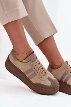 Clearance Zazoo Skórzane Zamszowe Sneakersy Damskie Na Platformie 3775 Beżowe Beżowy