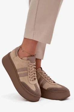 Clearance Zazoo Skórzane Zamszowe Sneakersy Damskie Na Platformie 3775 Beżowe Beżowy